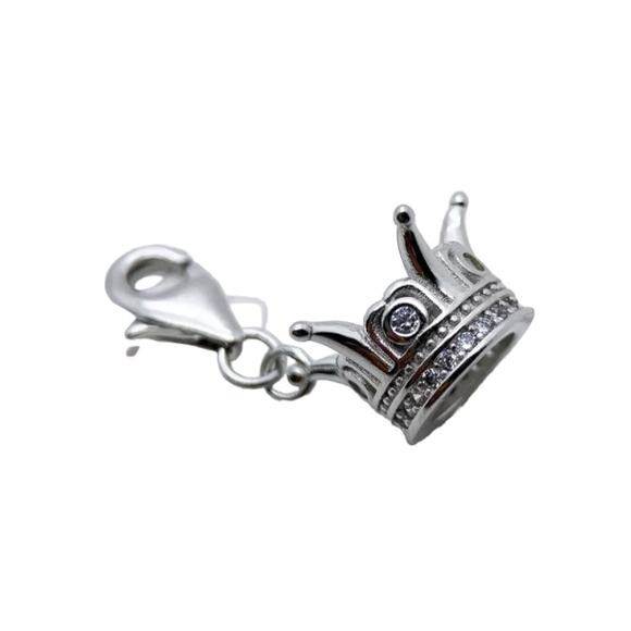 925 Sterling Silver Round Pavé and Bezel Set Crystal Crown Charm - Picture 2 of 5